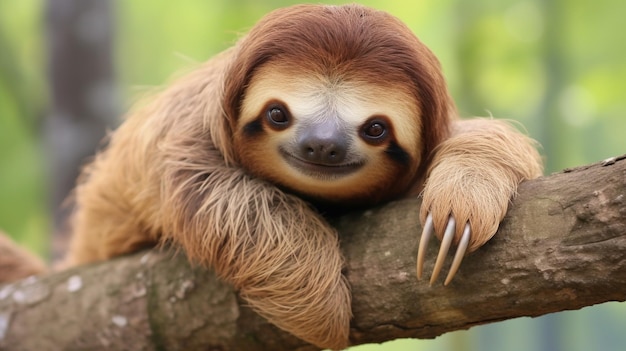 A sleepy sloth hangs languidly from a sturdy tree branch nature's embodiment of unhurried rest and harmony is beautifully portrayed in this snapshot of a creature at one with its tranquil