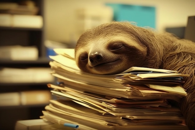 Sleepy sloth taking a nap on a pile of files in a busy office Generative Ai