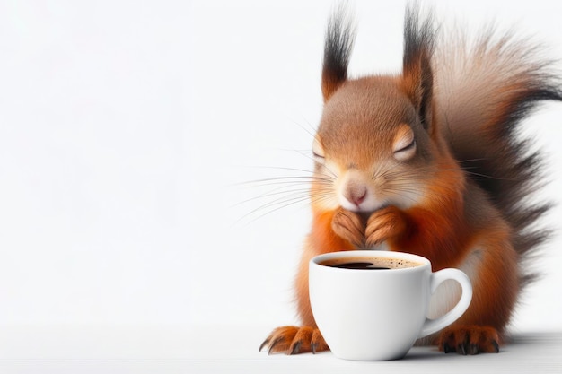 sleepy squirrel holding cup of coffee isolated on solid white background