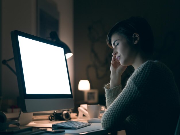 Sleepy woman connecting late at night