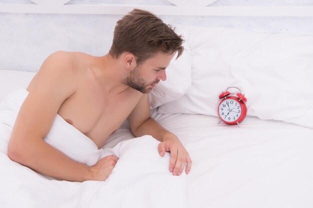 Sleepyhead 섹시한 남자는 침대에서 시간을 확인합니다. 면도하지 않은 남자는 침대에 누워 있습니다. 잘 생긴 남자는 아침에 깨어 있습니다. 졸린 사람은 알람 시계를 설정합니다. 일찍 일어나십시오.