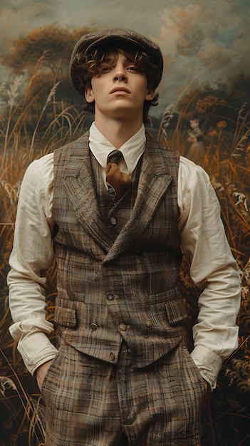 Foto slender adult male model met tweed vest en newsboy cap fa trendy vintage kleding foto collecties