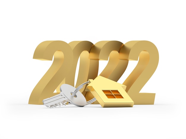 Sleutel met huisje en gouden nummer van het nieuwe jaar