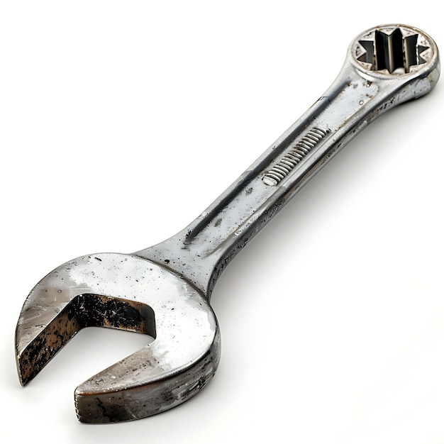 Foto sleutel met zilveren metalen lichaam een gereedschap dat wordt gebruikt voor het draaien van noten geïsoleerd schoon blanco bg items design