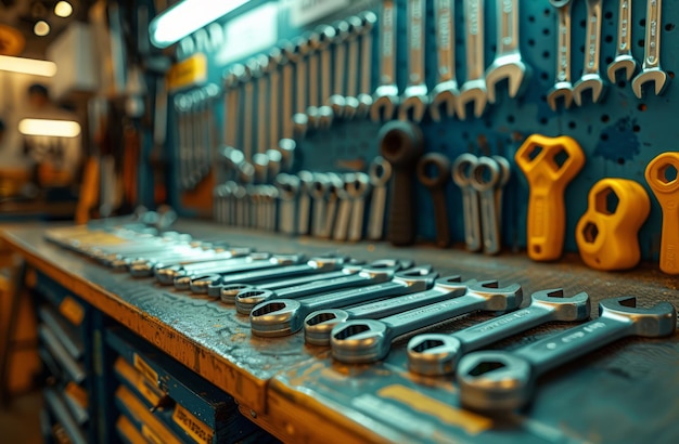 Sleutels en ander gereedschap op tafel in de werkplaats