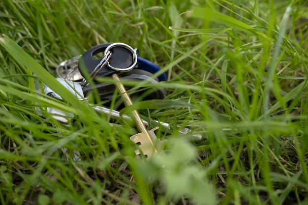 Sleutels en een verloren sleutelbos liggen in het gras