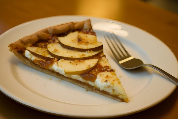 A slice of apple pie is on a plate with a fork.