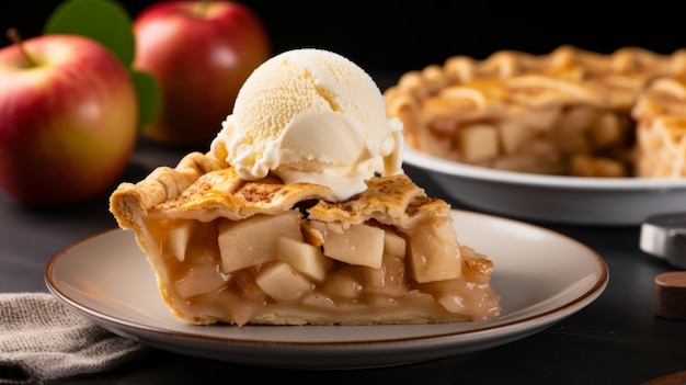 A slice of apple pie topped with a scoop of ice cream