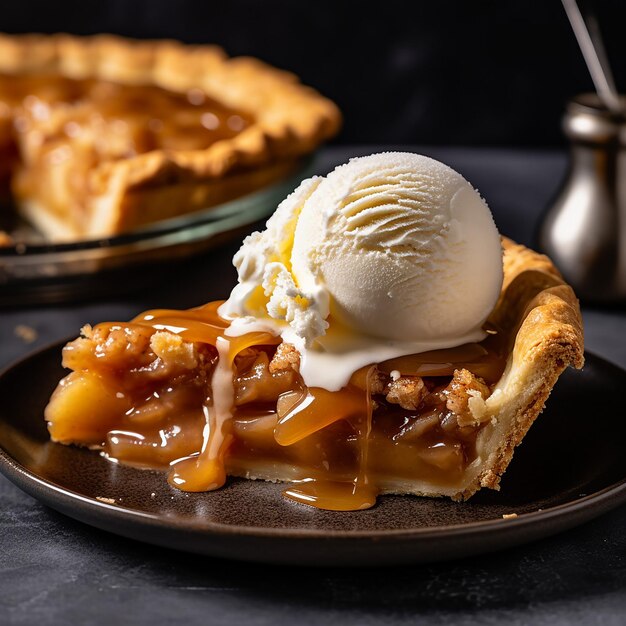 Photo a slice of apple pie with vanilla scoop and caramel topping