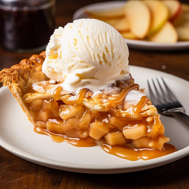 Photo a slice of apple pie with vanilla scoop and caramel topping