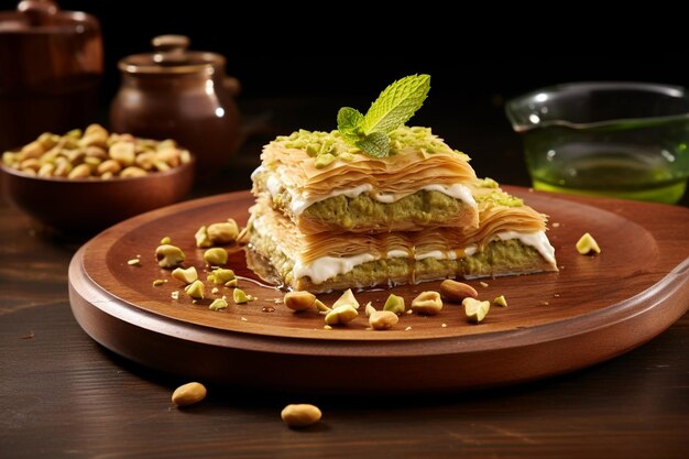 Slice of Baklava on Rustic Wood