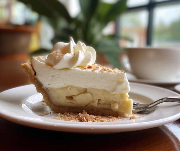 A slice of banana cream pie with a fluffy whipped