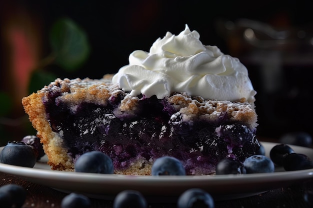 A slice of blueberry cobbler on a white plate on a dark background