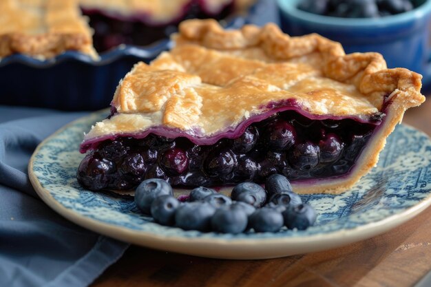 Photo a slice of blueberry pie bursting with vibrant blueberries and encased in a flaky golden crust