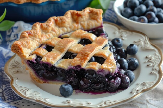 A slice of blueberry pie bursting with vibrant blueberries and encased in a flaky golden crust