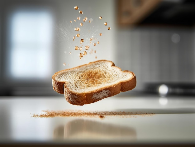 A slice of bread is being thrown into the air with a blurry background.