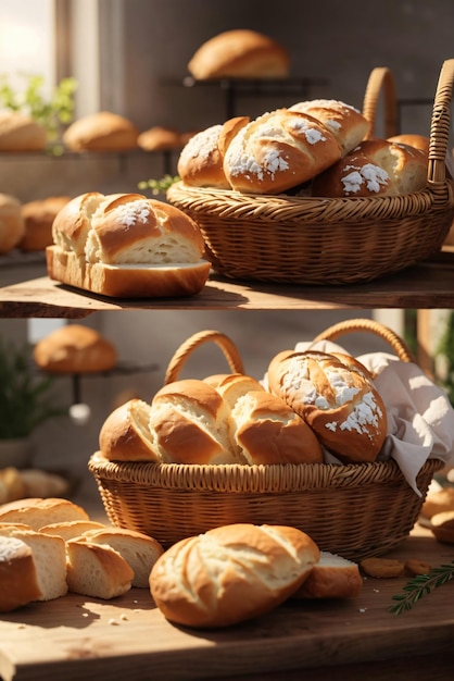 slice of a bread photo in a wooden tray or basket