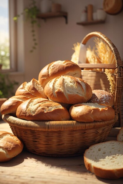 slice of a bread photo in a wooden tray or basket