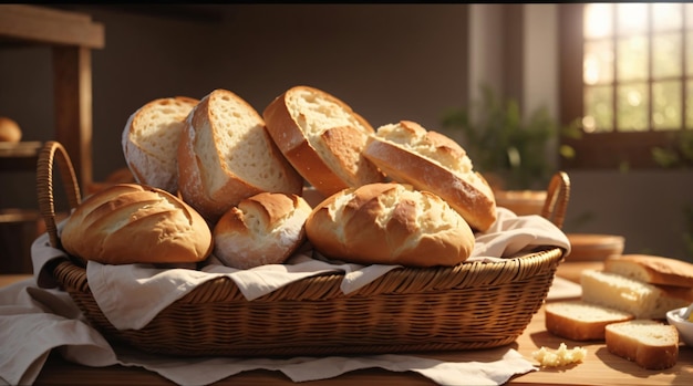 slice of a bread photo in a wooden tray or basket