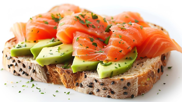 A slice of bread with avocado and salmon