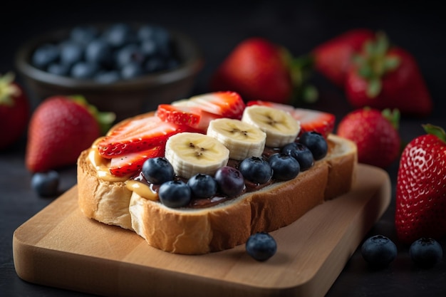 A slice of bread with bananas and strawberries on it