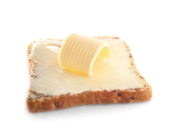 Slice of bread with butter on white background