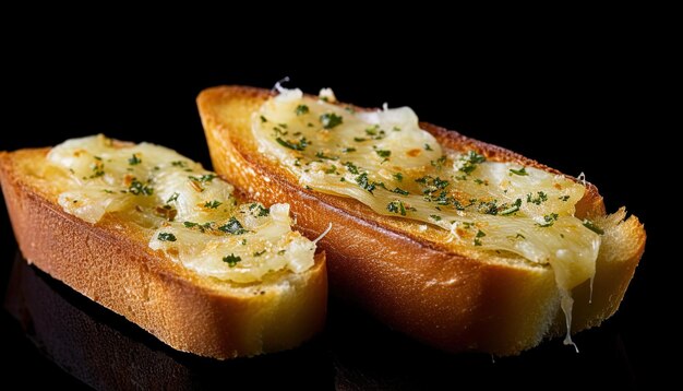 a slice of bread with garlic and parsley on the top