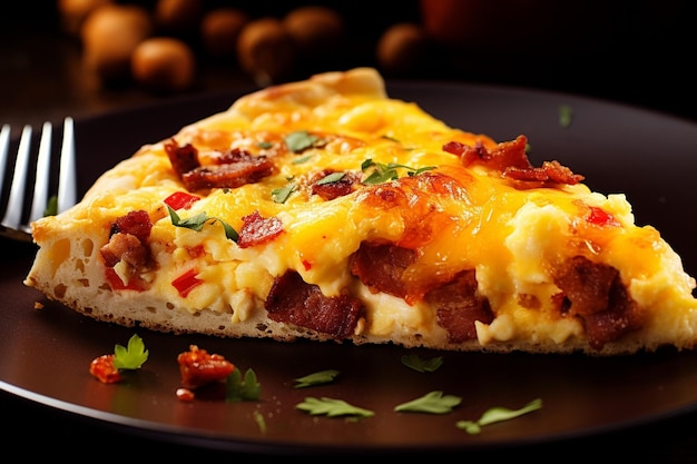 A slice of breakfast pizza with eggs bacon and cheese