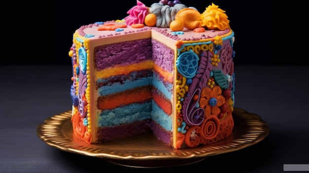 Slice of cake decorated with vibrant colors