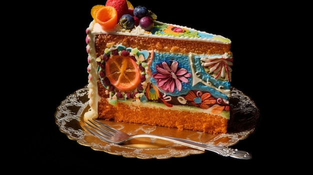 Slice of cake decorated with vibrant colors