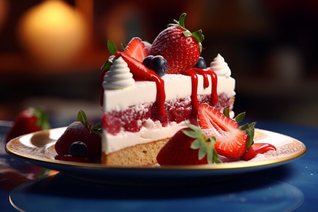 A slice of cake featuring a luscious strawberry accompanied by another strawberry on the plate