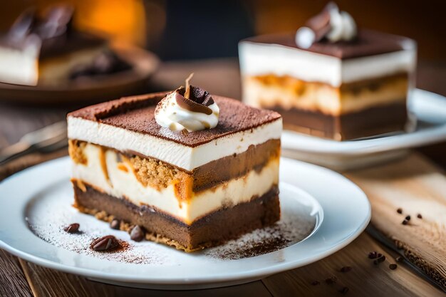 a slice of cake is on a plate with a cup of coffee