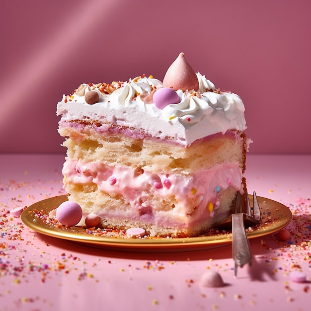 케이크 한 조각이 분홍색 바탕의 접시 위에 있습니다.