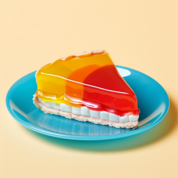 a slice of cake is on a plate with a rainbow colored design.