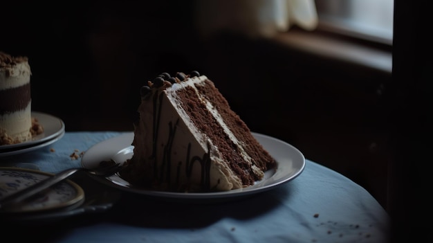 A slice of cake on a plate with a spoon on the table.