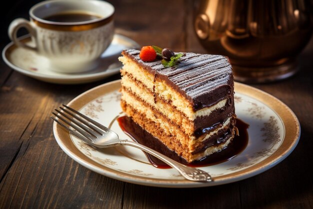 A slice of cake sits on a cup of tea