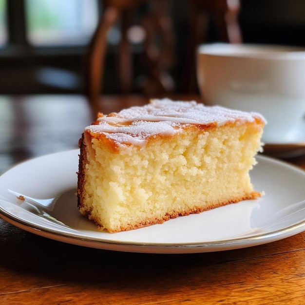 Кусочек торта лежит на тарелке рядом с чашкой кофе.