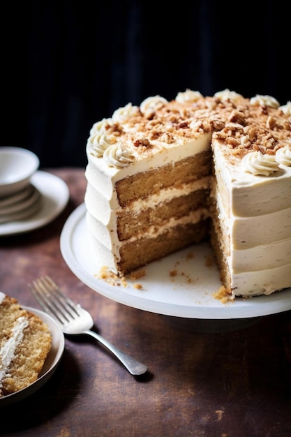 a slice of cake sits on a plate with a fork and a knife.