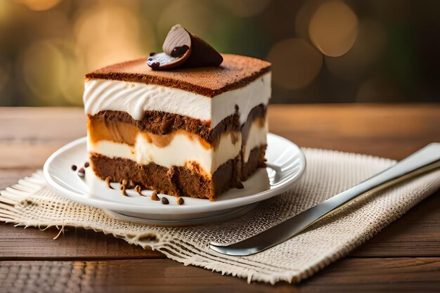 a slice of cake sits on a plate with a fork