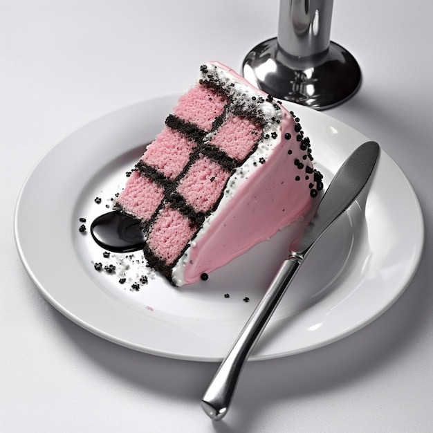 a slice of cake sits on a plate with a spoon.