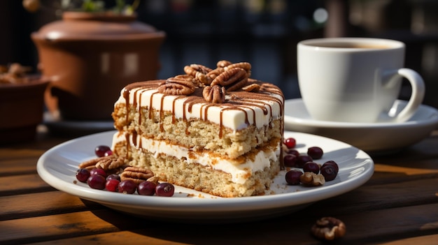 Slice of cake and walnut coffee with an out of focus latte on a plate