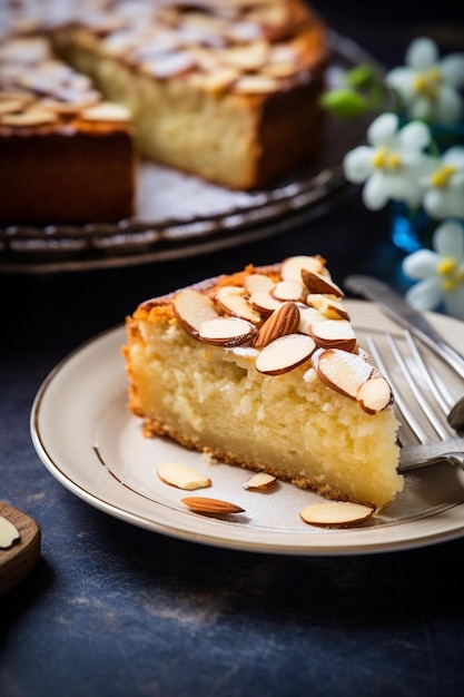 上にアーモンドがのったケーキのスライス