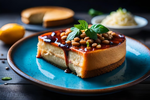 A slice of cake with beans and cream on it