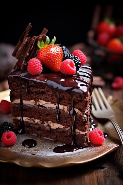 кусочек торта с ягодами и шоколадной глазурью.