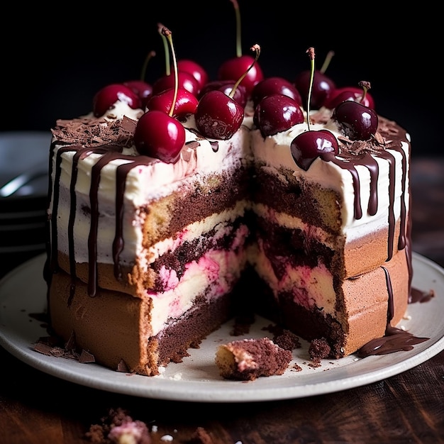 a slice of cake with cherries on it