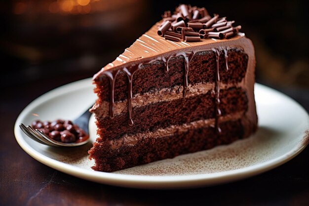 A slice of cake with chocolate frosting and a slice of cake on a plate