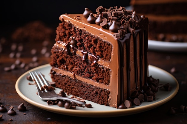 A slice of cake with chocolate frosting and a slice of cake on a plate