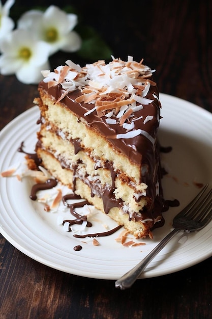 a slice of cake with chocolate icing and a fork on a plate.