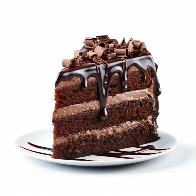 a slice of cake with chocolate icing on a plate.