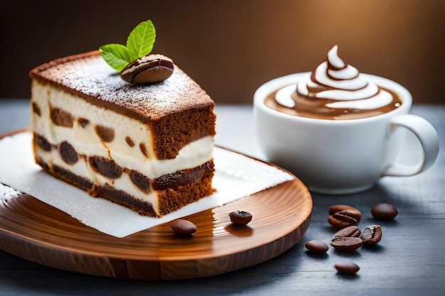 A slice of cake with a cup of coffee and a cup of coffee